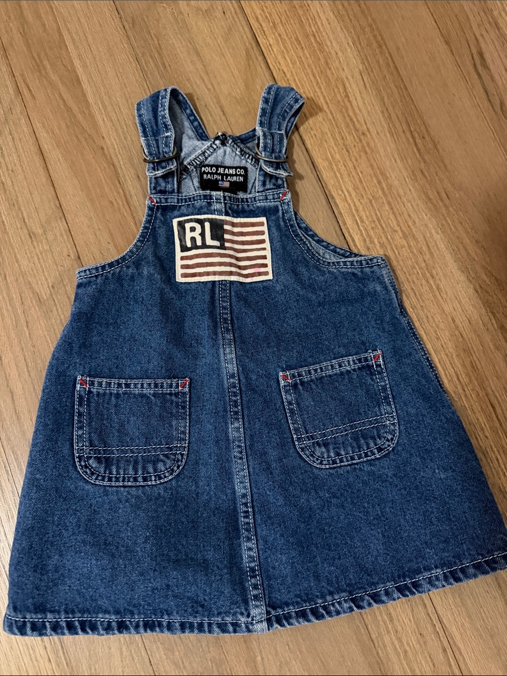 Ralph Lauren Dark Blue Denim Kids Overalls Dress with Patch